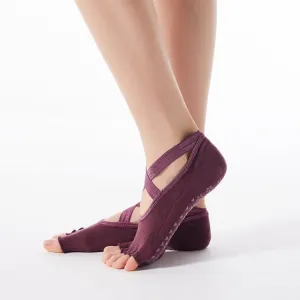 1 Pair Five-Finger Cross-Lace Yoga Cotton Socks Fashion Non-Slip Sports Dance Socks, Size: One Size(Open Toe (Wine Red))