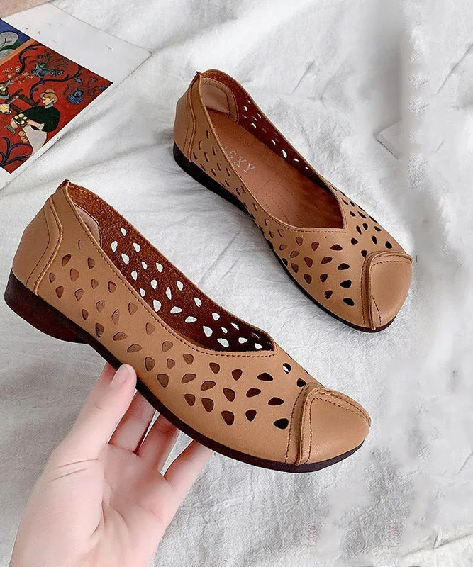 2023 Brown Cowhide Flat Feet Shoes Hollow Out Flat Shoes