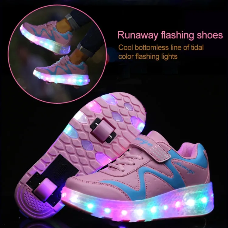 786 LED Light Ultra Light Rechargeable Double Wheel Roller Skating Shoes Sport Shoes, Size : 32(Pink)