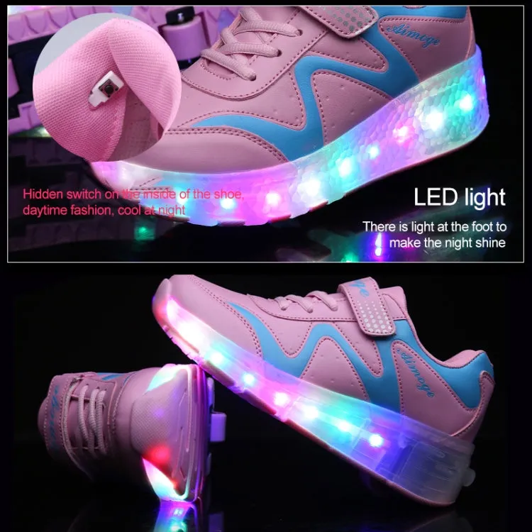 786 LED Light Ultra Light Rechargeable Double Wheel Roller Skating Shoes Sport Shoes, Size : 33(Pink)