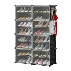 8-Tier 2-Row Shoe Rack Organizer Stackable Free Standing Shoe Storage Shelf Plastic Shoe Cabinet Tower with Transparent Doors for Heels Boots Slippers - Black