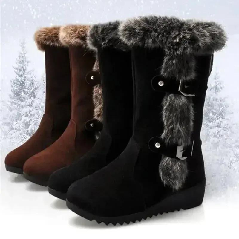 Alaska Womens Fur Snow Boots - Warm Mid Calf Winter Shoes