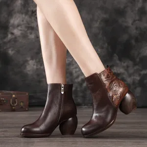 Autumn Winter Retro Leather Chunky Heels Ankle Boots