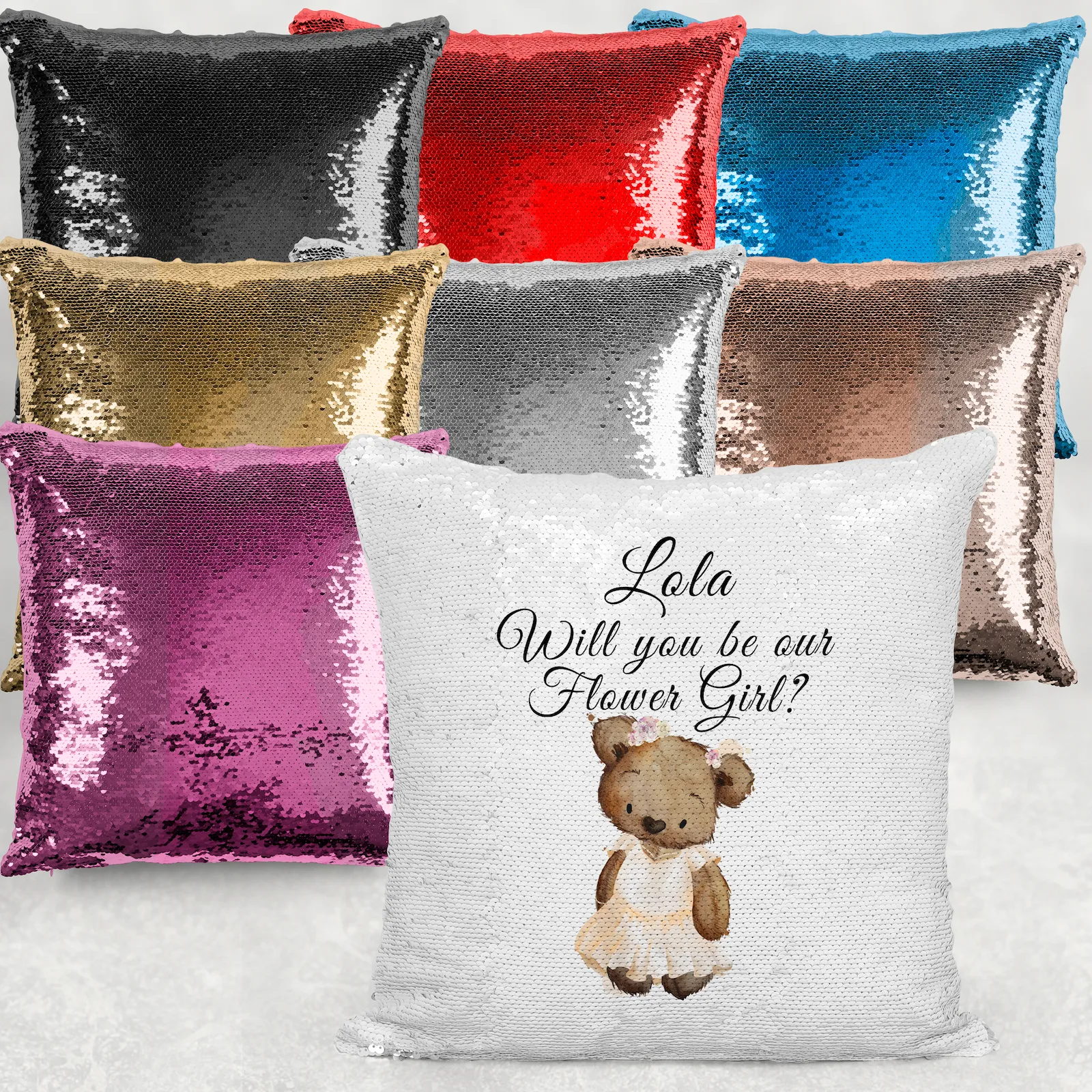 Bear  Will you be my Flower Girl/Page Boy Sequin Reveal Hidden Message Wedding Cushion