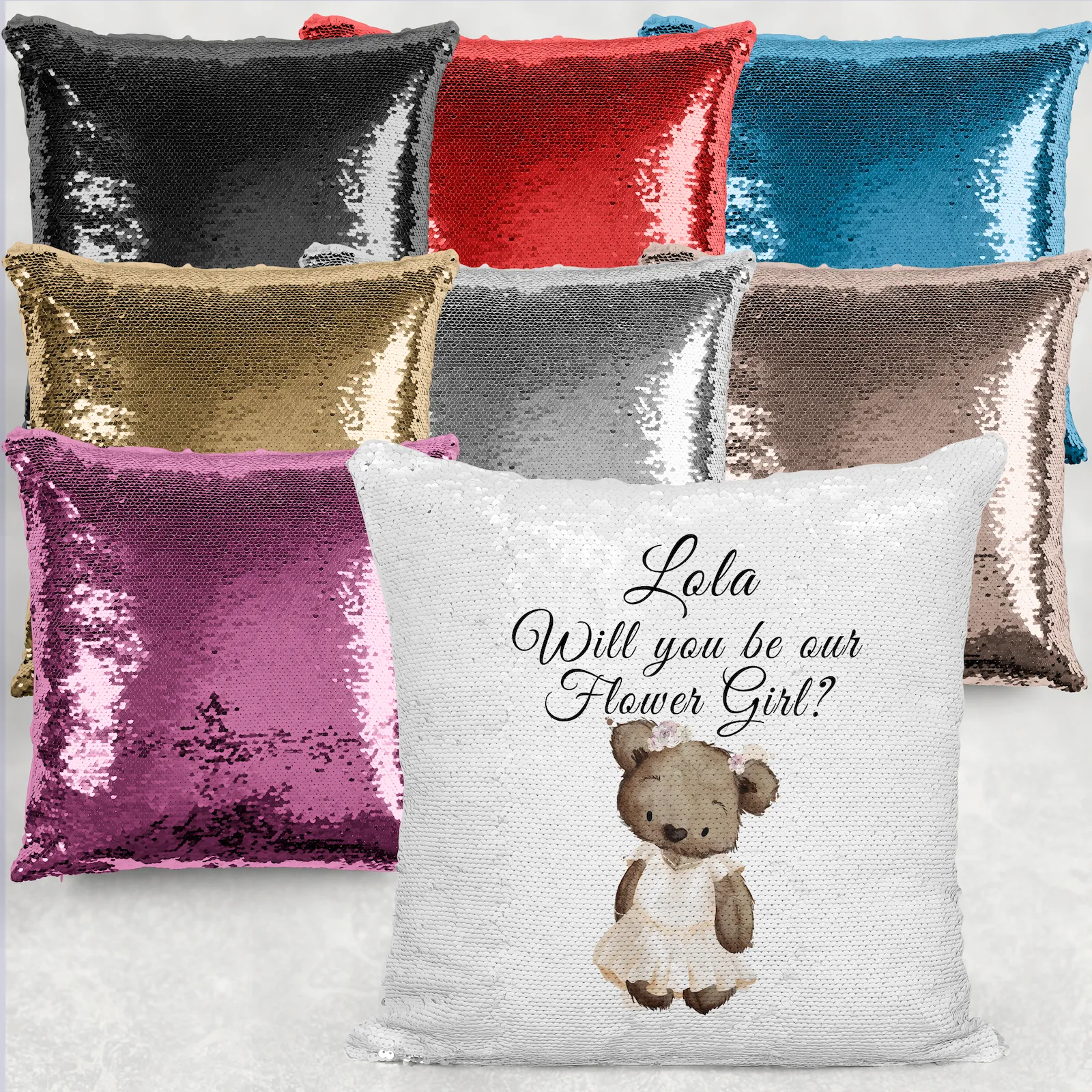 Bear  Will you be my Flower Girl/Page Boy Sequin Reveal Hidden Message Wedding Cushion