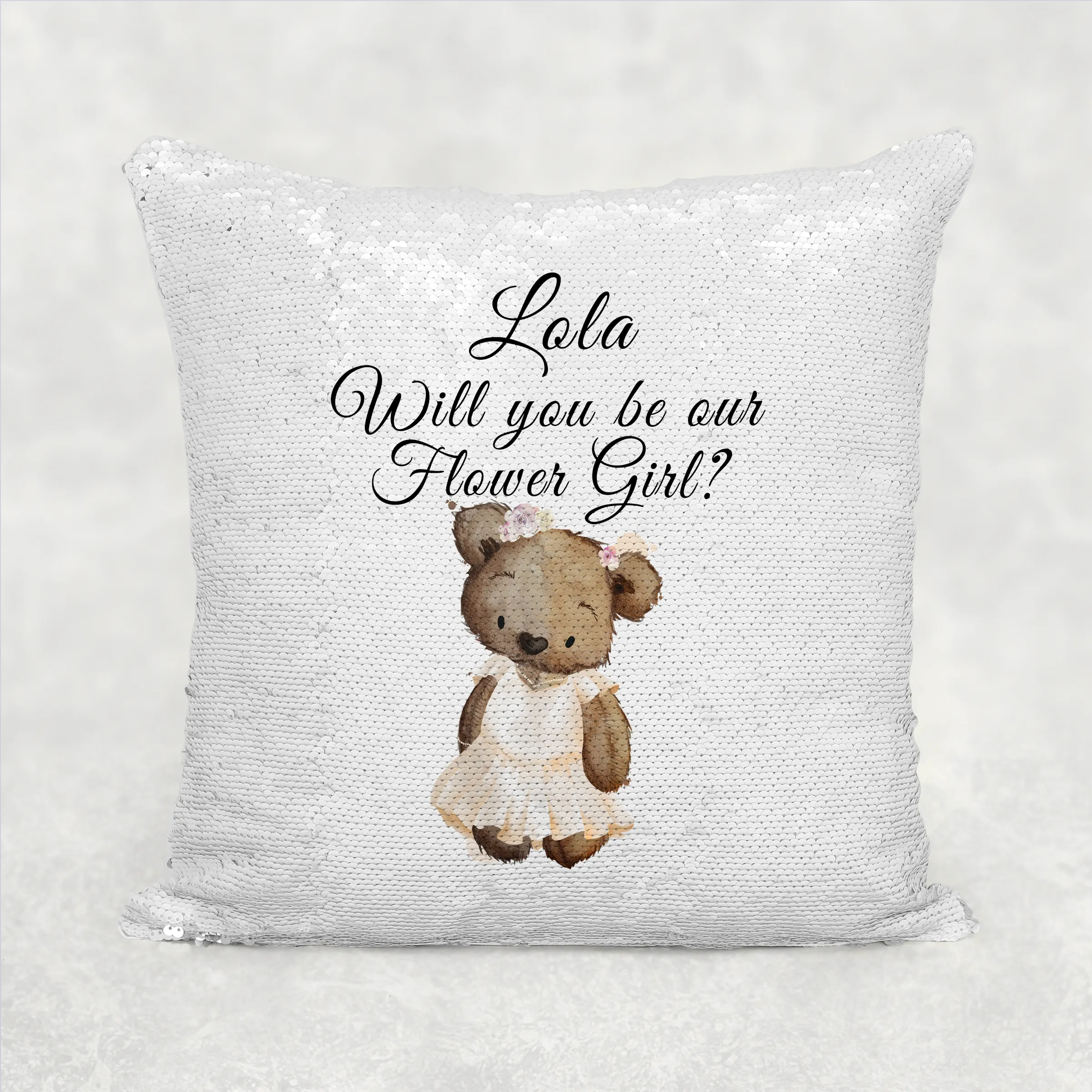 Bear  Will you be my Flower Girl/Page Boy Sequin Reveal Hidden Message Wedding Cushion