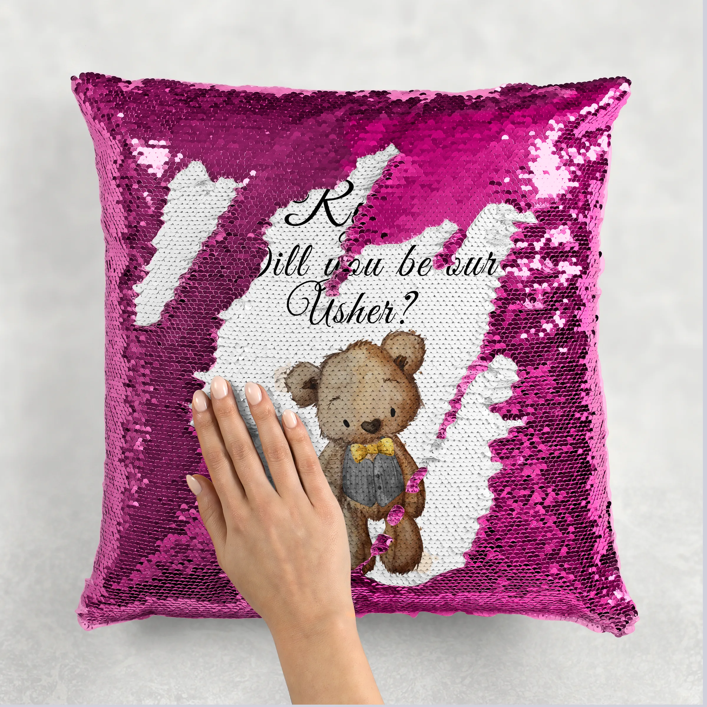 Bear  Will you be my Flower Girl/Page Boy Sequin Reveal Hidden Message Wedding Cushion