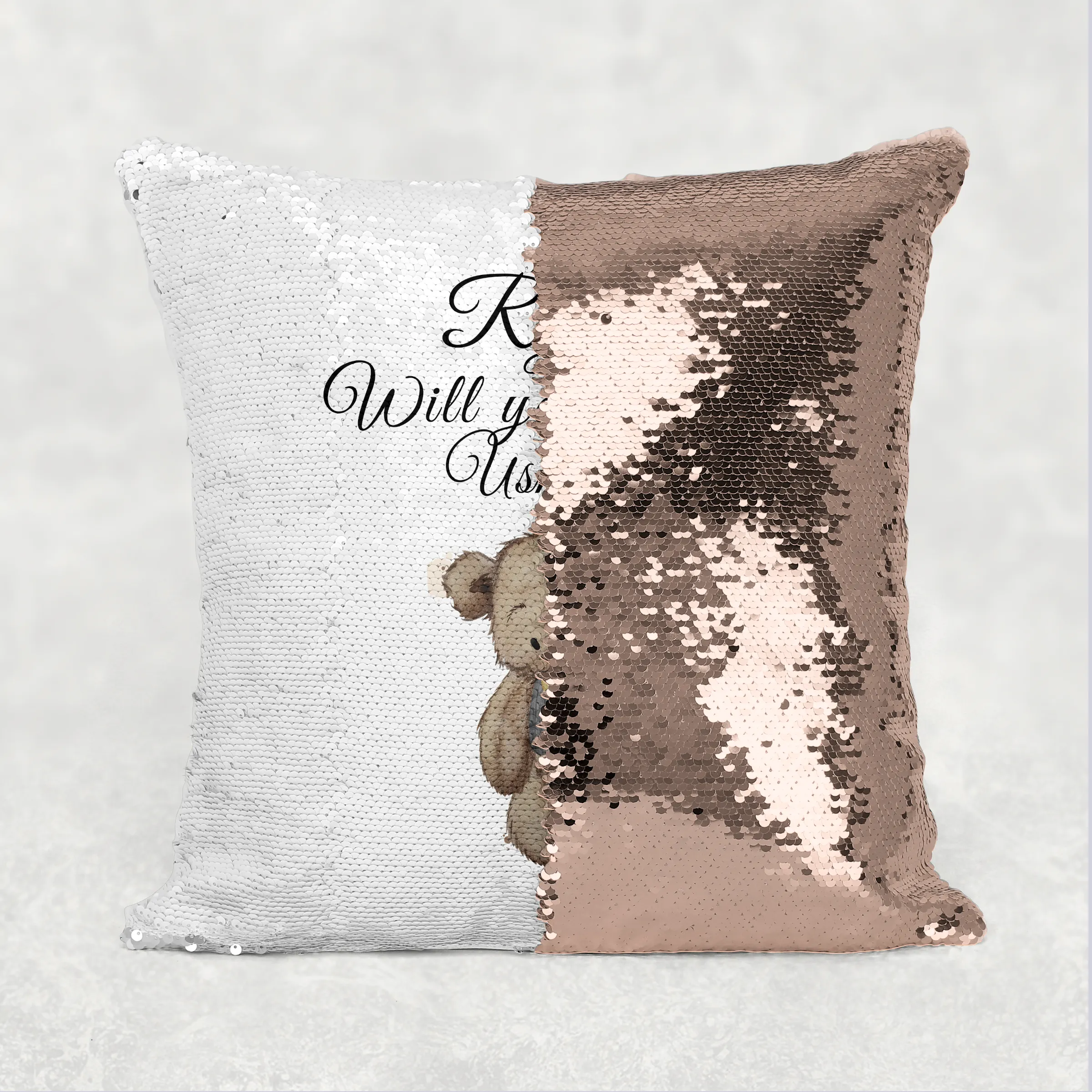 Bear  Will you be my Flower Girl/Page Boy Sequin Reveal Hidden Message Wedding Cushion