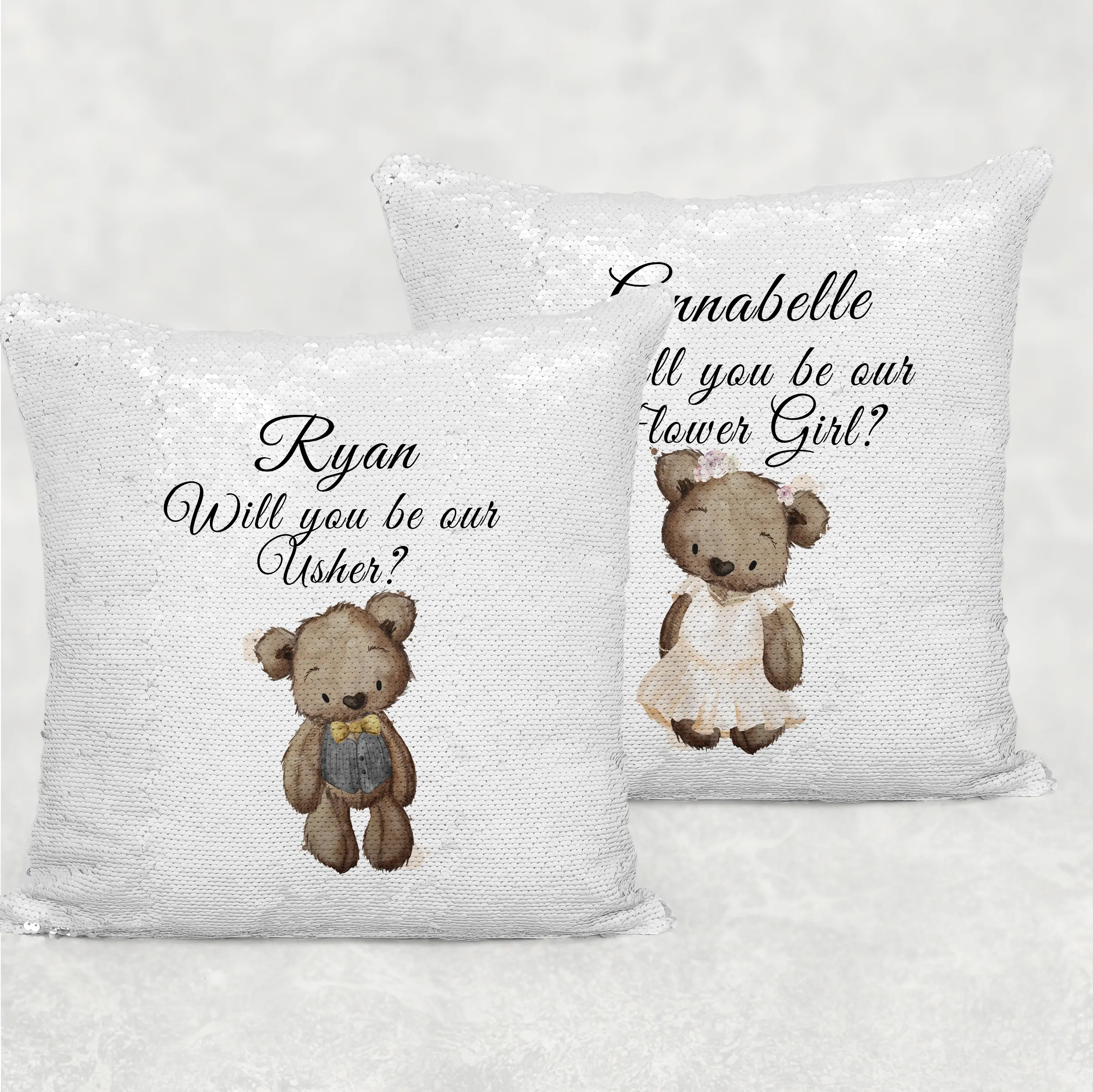 Bear  Will you be my Flower Girl/Page Boy Sequin Reveal Hidden Message Wedding Cushion