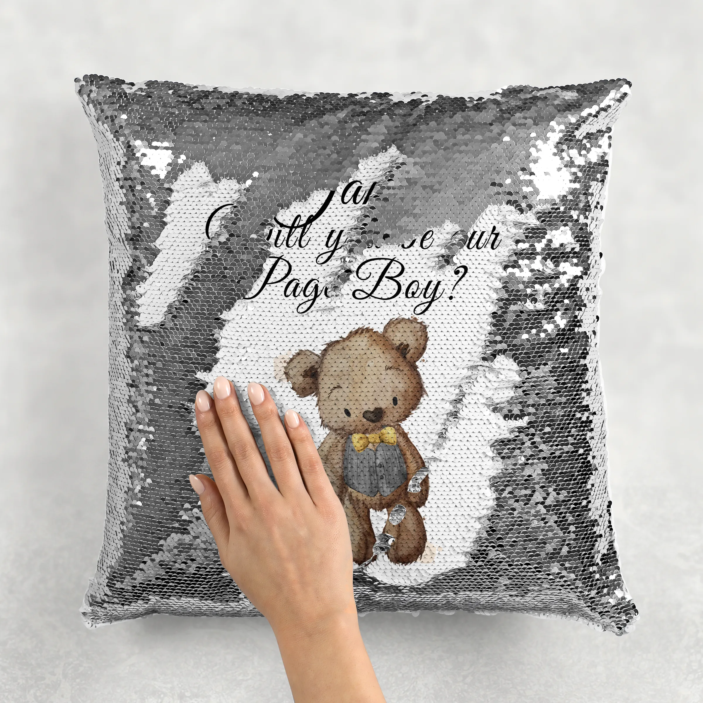 Bear  Will you be my Flower Girl/Page Boy Sequin Reveal Hidden Message Wedding Cushion