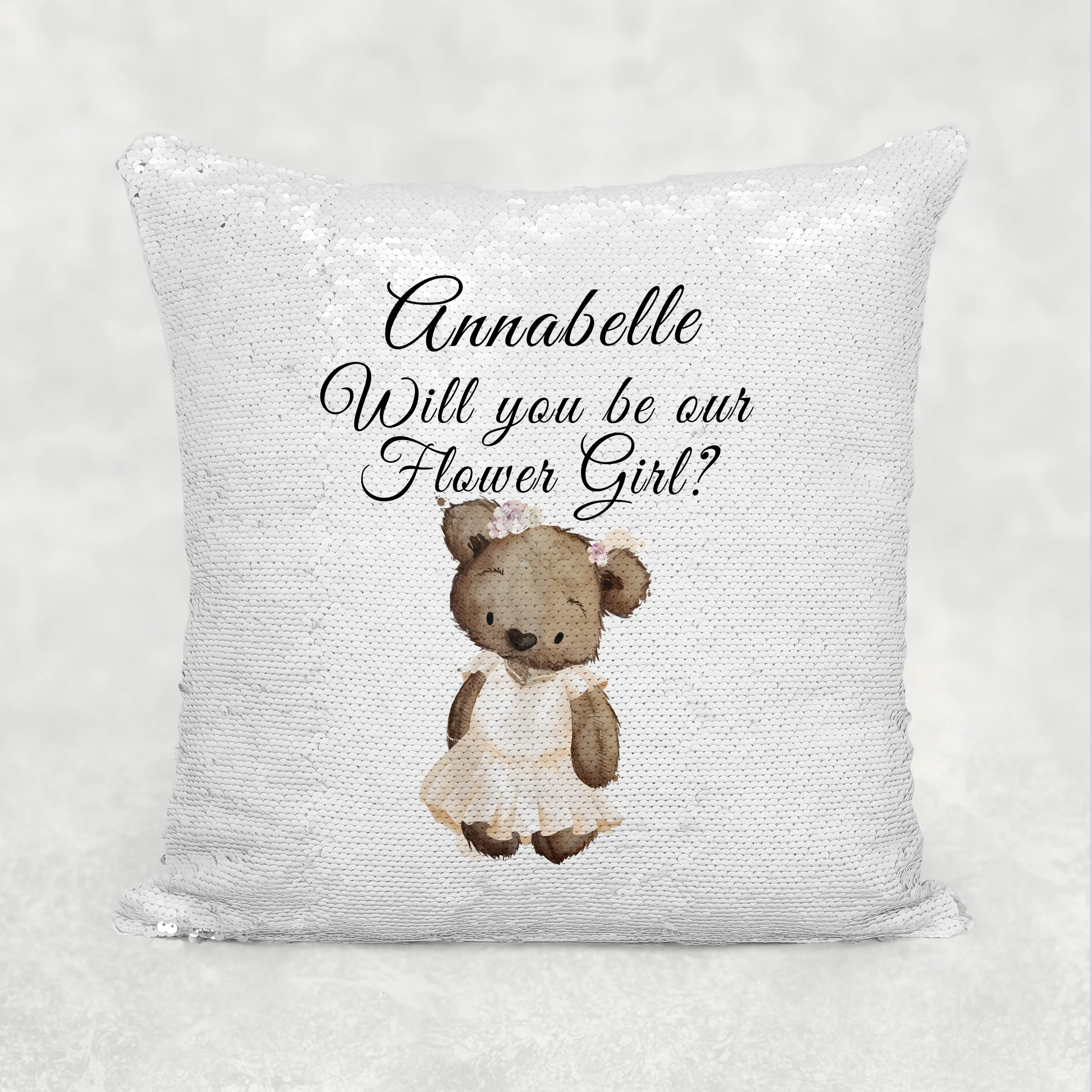 Bear  Will you be my Flower Girl/Page Boy Sequin Reveal Hidden Message Wedding Cushion