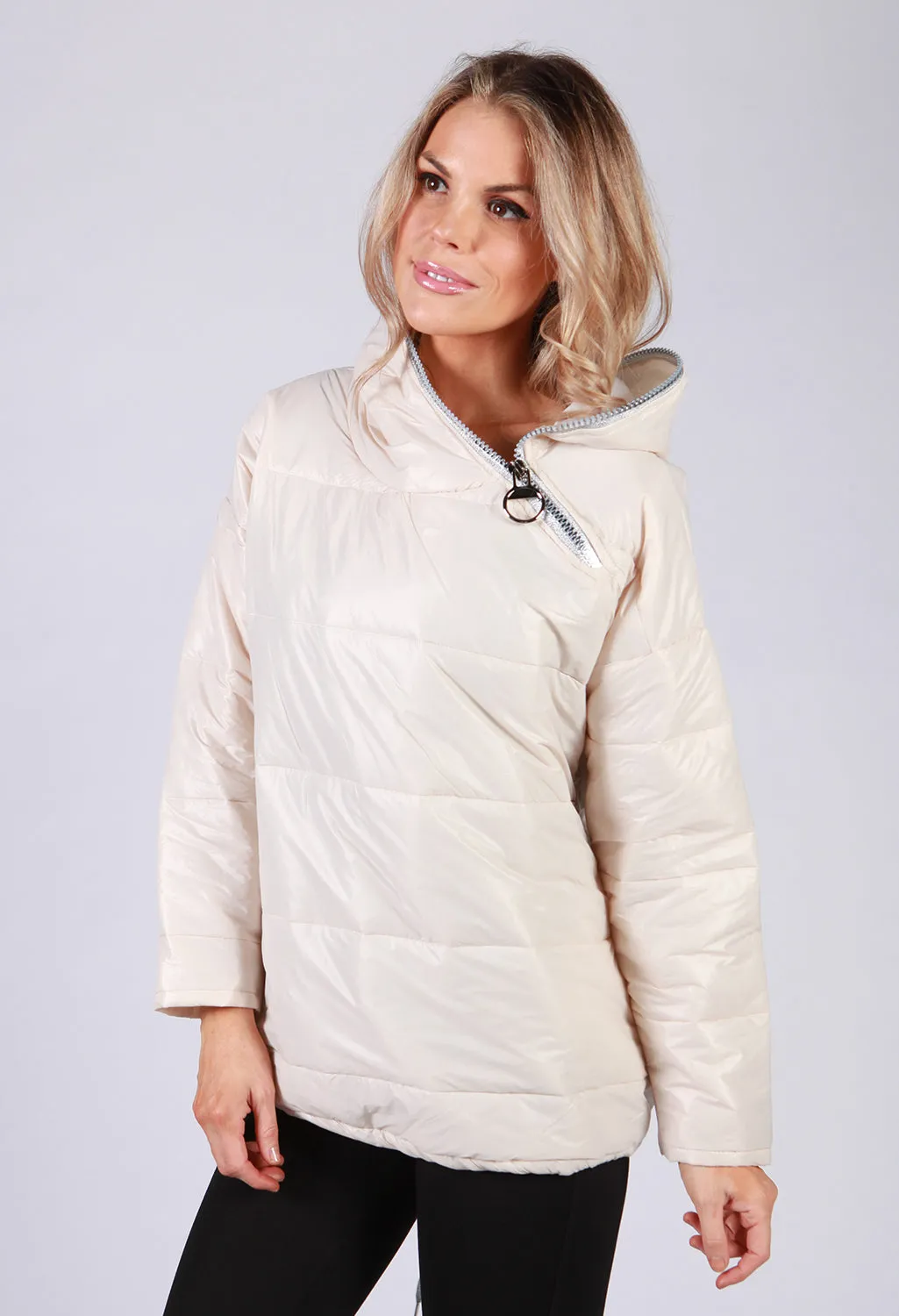 Beige Zip Neck Hooded Jacket