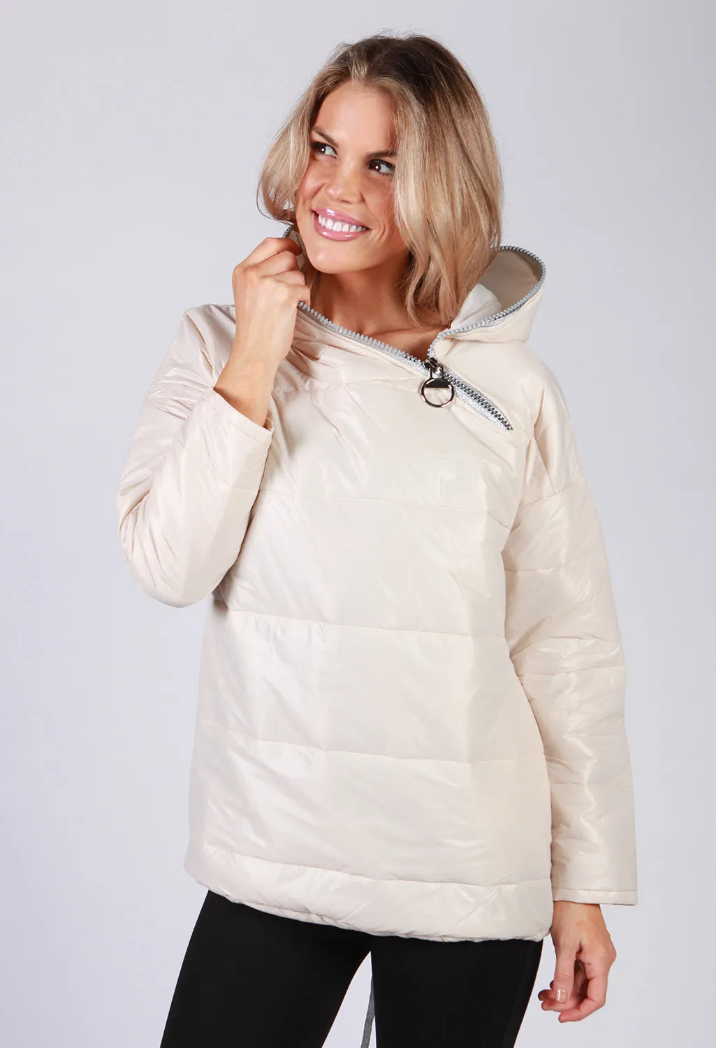 Beige Zip Neck Hooded Jacket