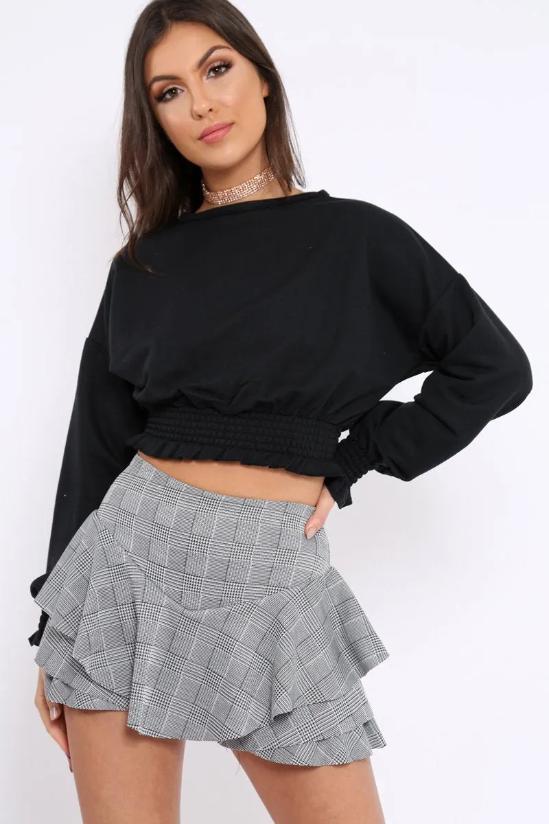 Black Cropped Sweatshirt with Shirred Elasticated Hems - Lillie