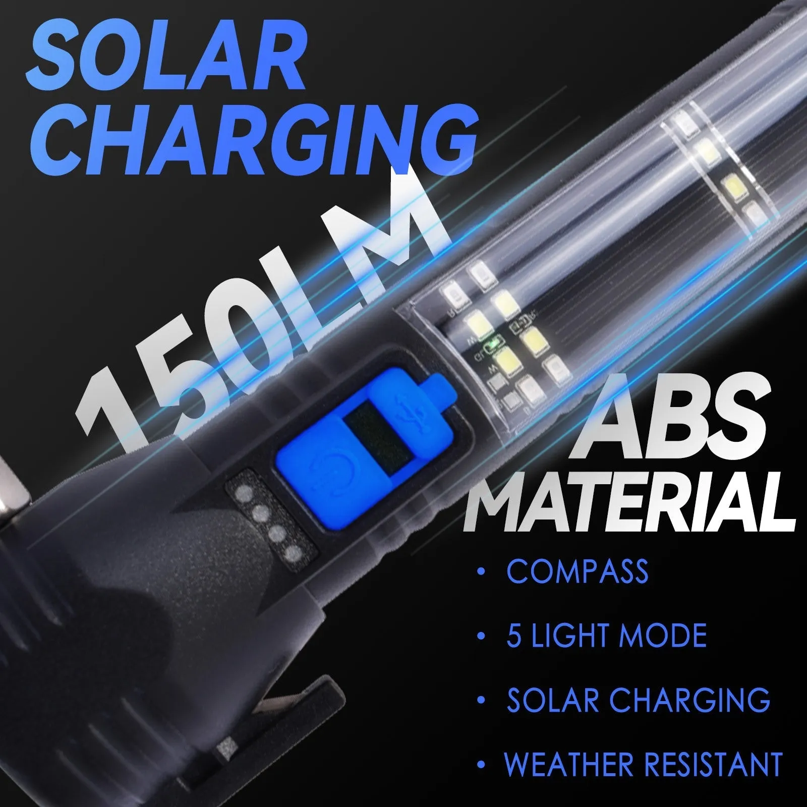 Brillar 150 Lumen Solar Power USB rechargeable Multifunction Trekking Torch