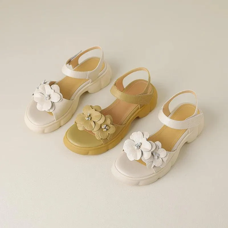 Camellia Blossom Leather Sandals - TSS105 Women's Casual Shoes