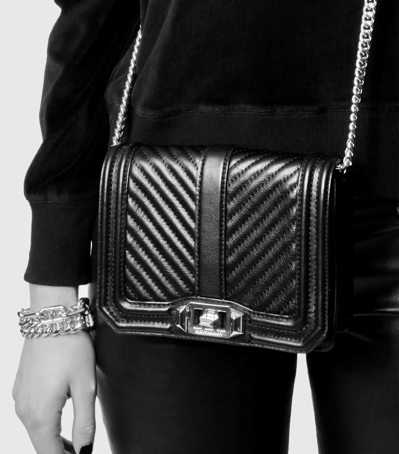 Chevron Quilted Small Love Crossbody Black