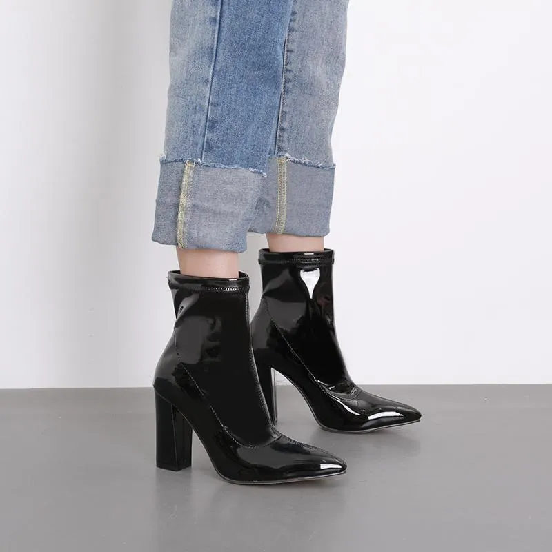 Chunky Heeled Sleeve Patent Leather Short Boots