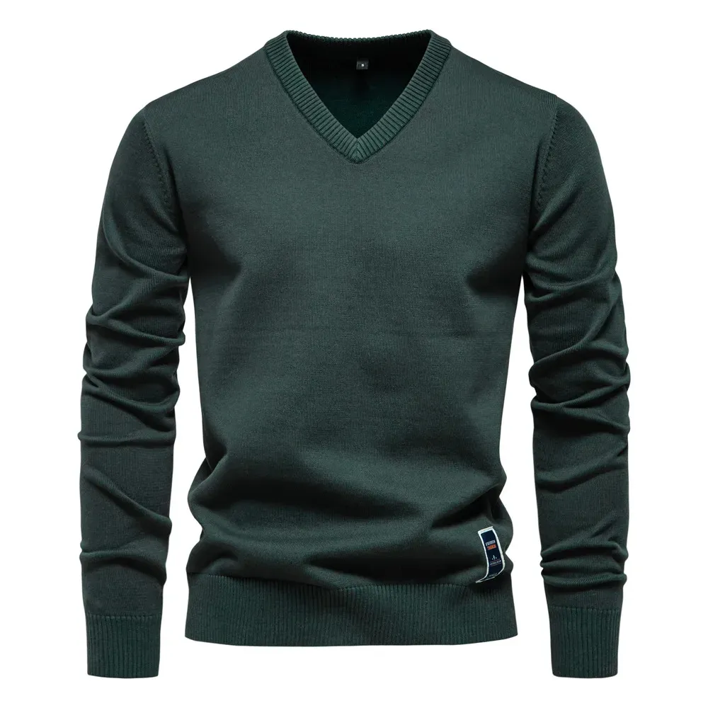 Classic V-neck men's sweater with subtle label detail