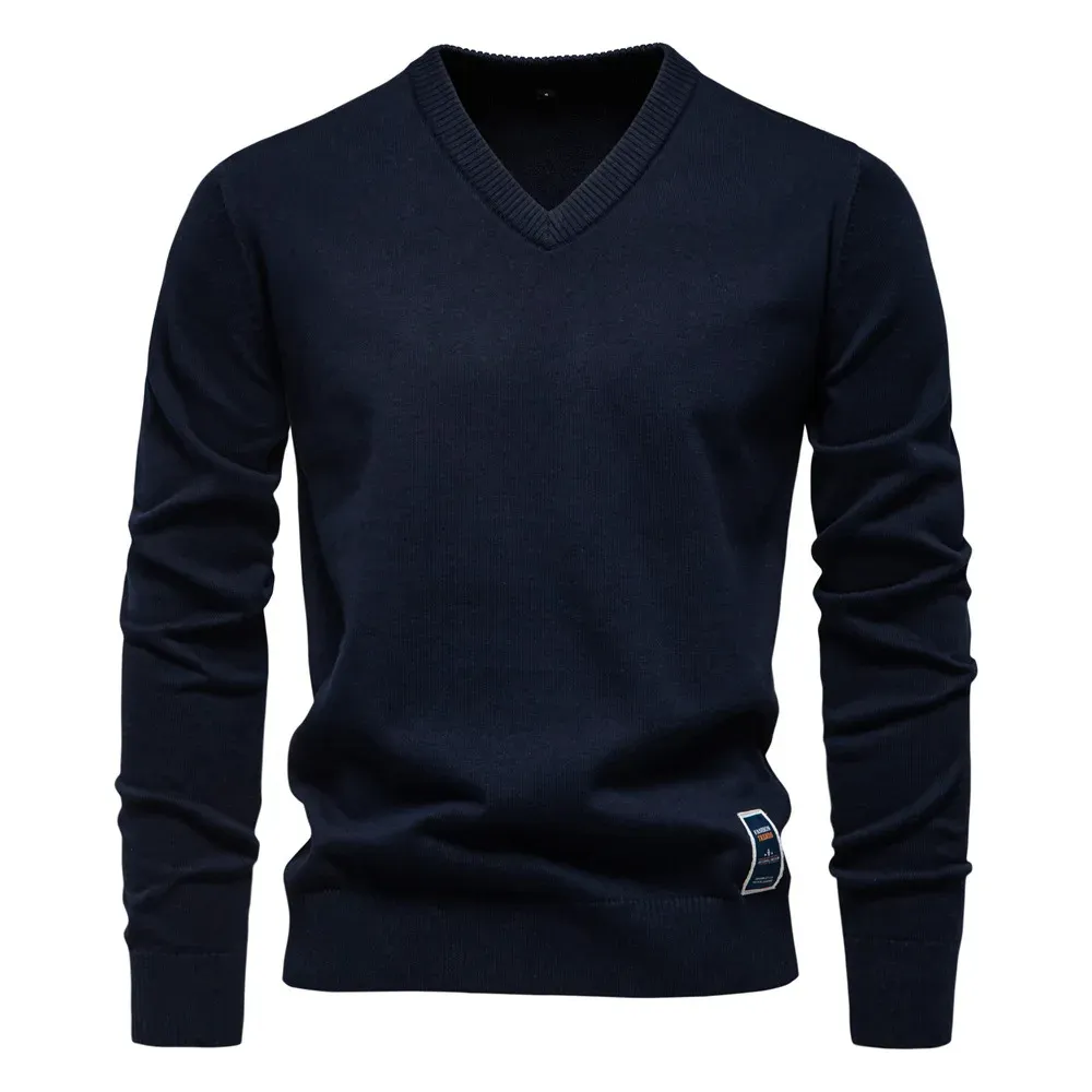 Classic V-neck men's sweater with subtle label detail