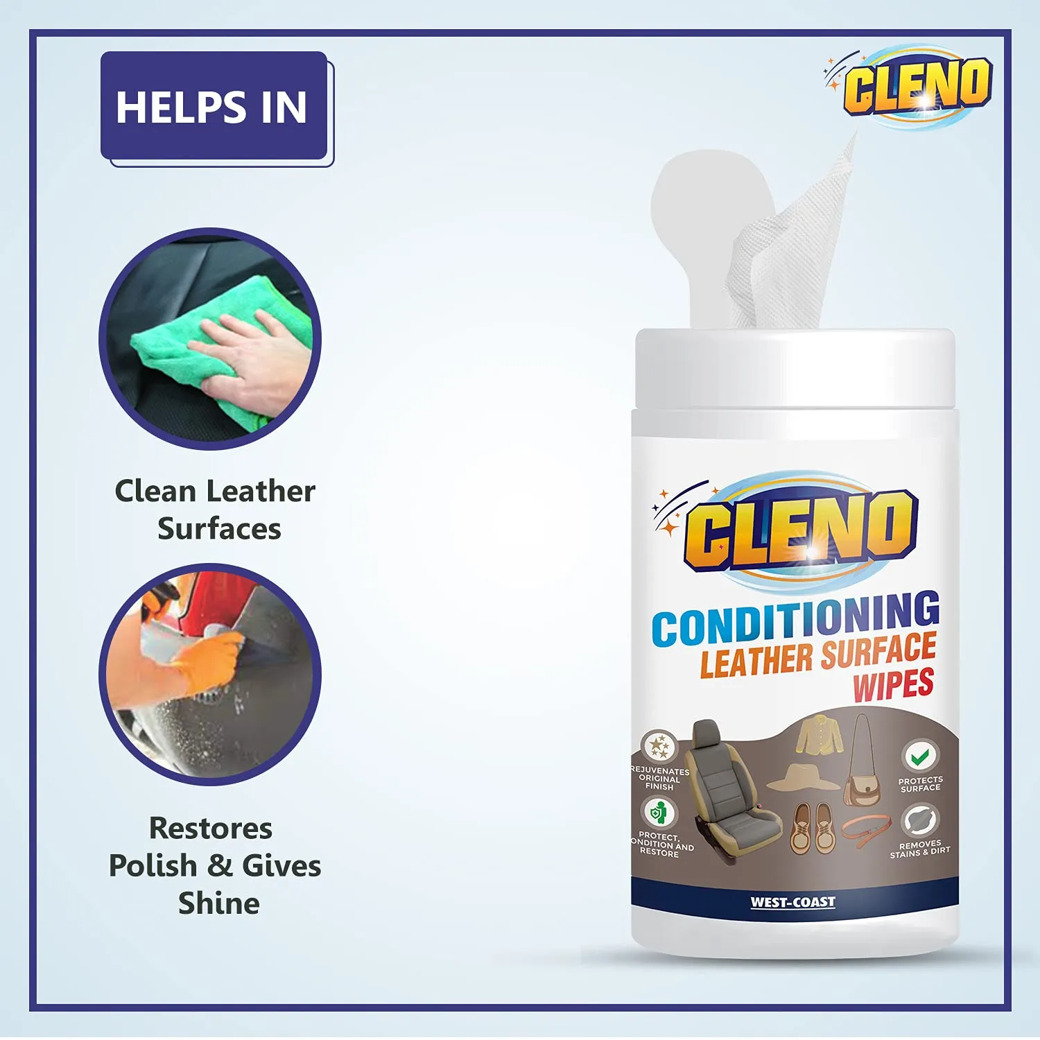 Cleno Conditioning Leather Surface Wet Wipes for Sofas/Bags/Leather Clothes/Car Seat/Leather Interior/Briefcases/Shoes/Handbags Restores Polish & Gives Shine - 50 Wipes (Ready to Use) (Pack of 3)