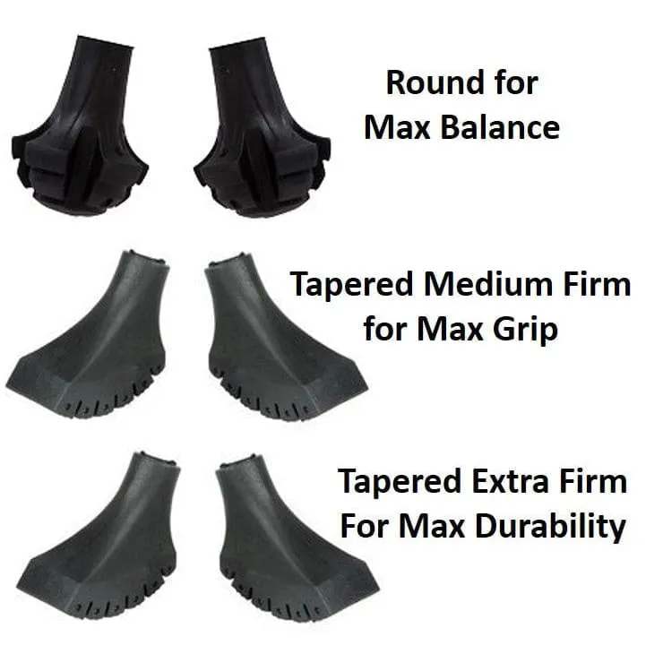 Combo Six Pack of Replacement Tips- 2 Round for Max Balance, 2 Tapered Med Firm for Max Grip, and 2 Tapered Extra Firm for Max Durability - Fits all standard hiking, walking, and nordic poles - Replacement Feet - Paws - Ferrules - Caps