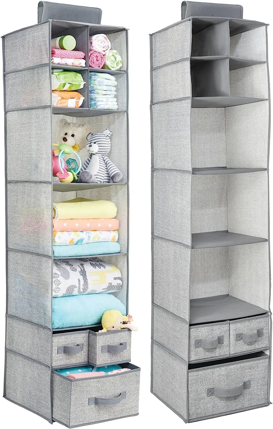 Copy of Blushbees Soft Fabric over Closet Rod Hanging Storage Organizer with 7 Shelves and 3 Removable Drawers.