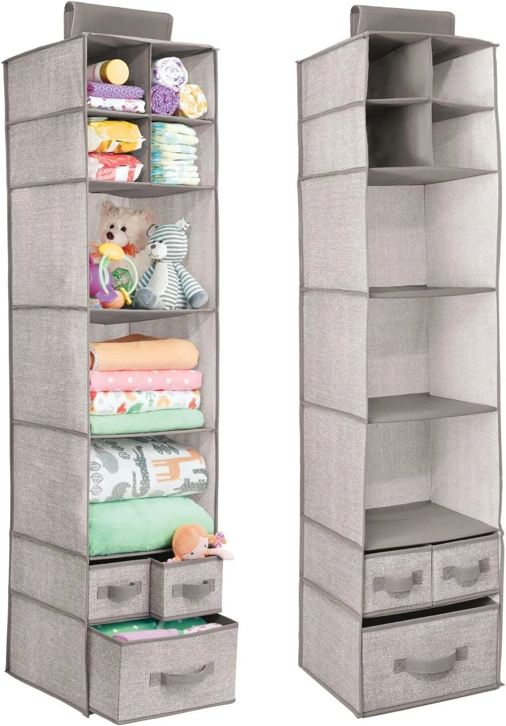 Copy of Blushbees Soft Fabric over Closet Rod Hanging Storage Organizer with 7 Shelves and 3 Removable Drawers.