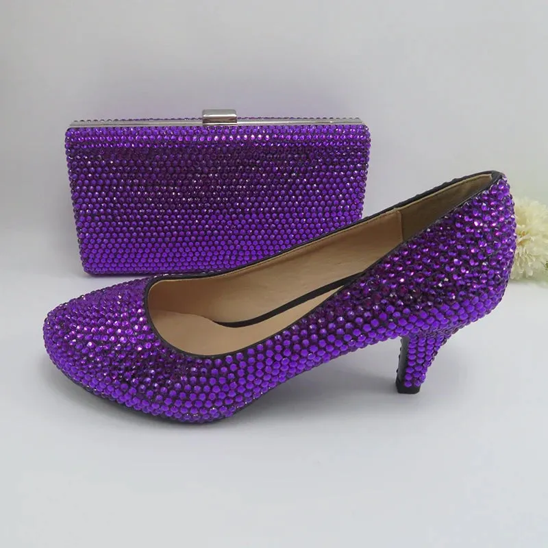 Dark Purple Crystal High Heel Shoes with Matching Clutch Bag