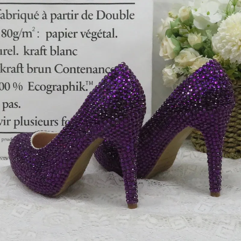 Dark Purple Crystal High Heel Shoes with Matching Clutch Bag