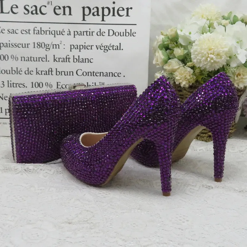 Dark Purple Crystal High Heel Shoes with Matching Clutch Bag