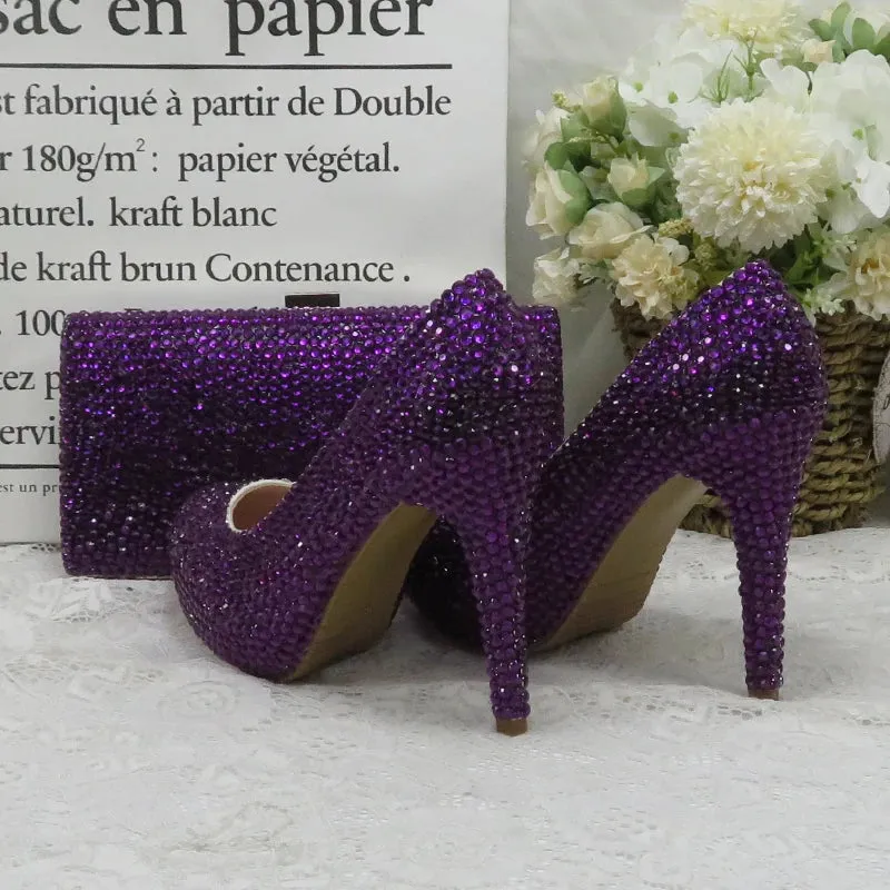 Dark Purple Crystal High Heel Shoes with Matching Clutch Bag