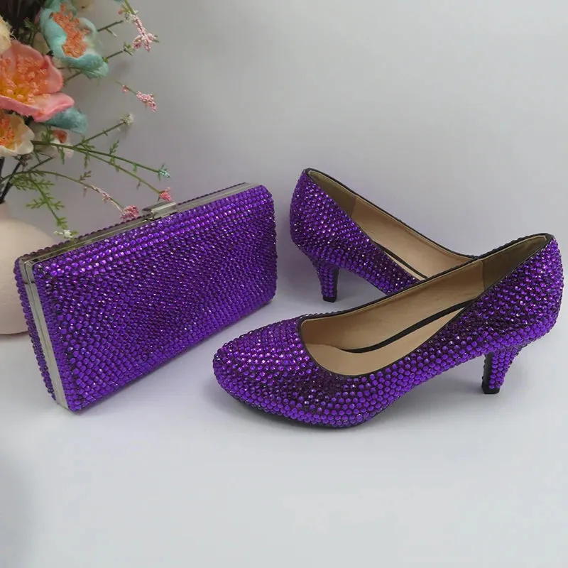 Dark Purple Crystal High Heel Shoes with Matching Clutch Bag