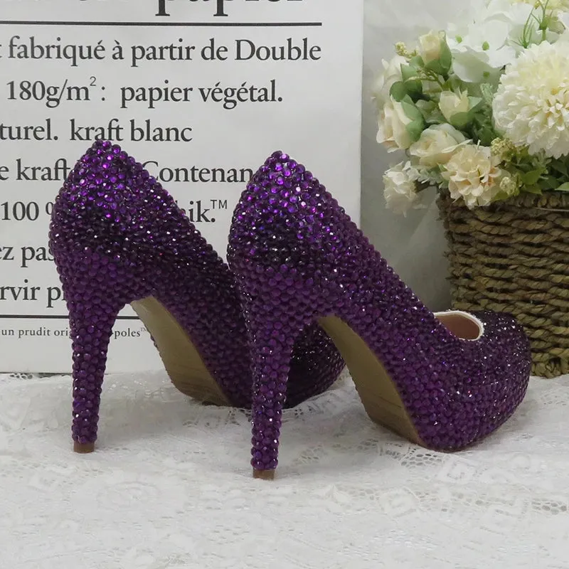 Dark Purple Crystal High Heel Shoes with Matching Clutch Bag