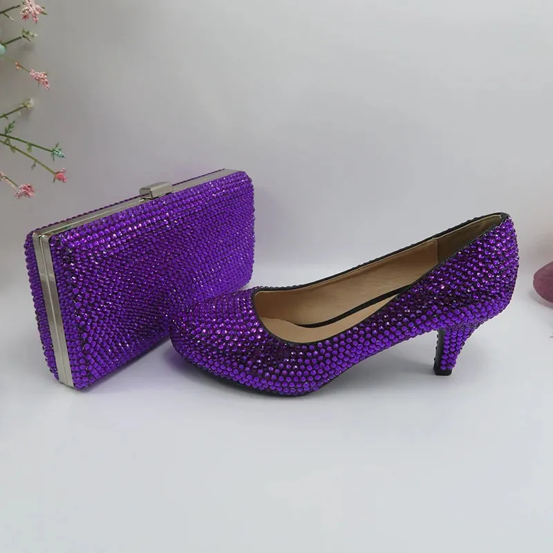 Dark Purple Crystal High Heel Shoes with Matching Clutch Bag