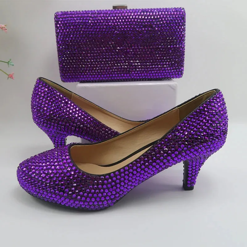 Dark Purple Crystal High Heel Shoes with Matching Clutch Bag