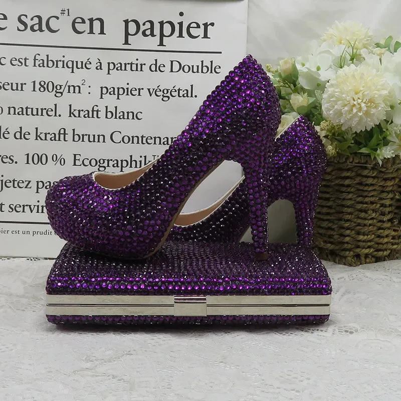 Dark Purple Crystal High Heel Shoes with Matching Clutch Bag