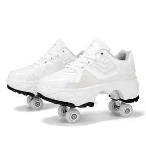 Deformable Four-wheel Retractable Double-row Dual-purpose Roller Skates, Size: 34(DF09 White)