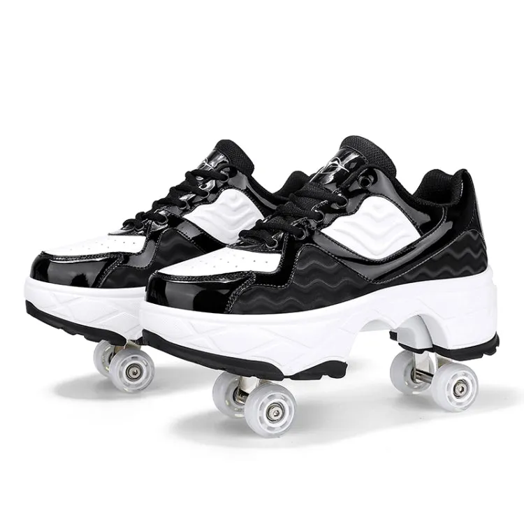 Deformable Four-wheel Retractable Double-row Dual-purpose Roller Skates, Size: 36(DF09 Black)