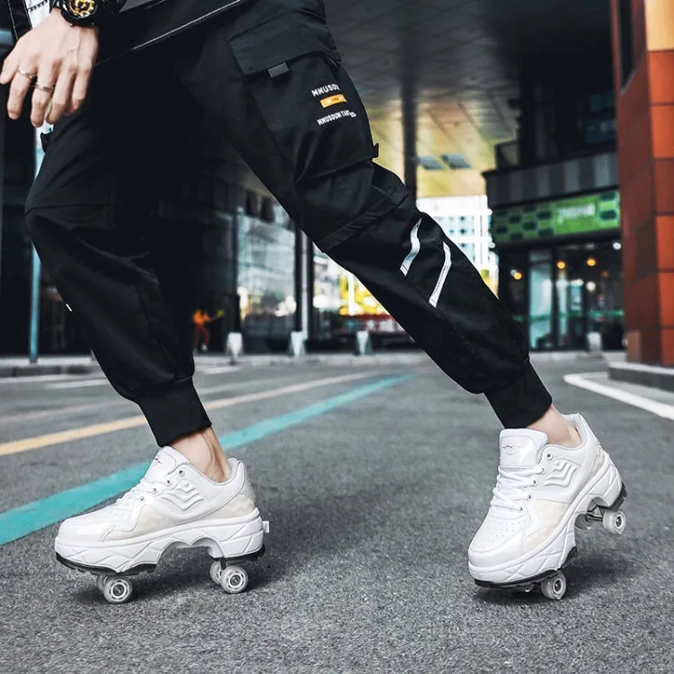 Deformable Four-wheel Retractable Double-row Dual-purpose Roller Skates, Size: 36(DF09 White)