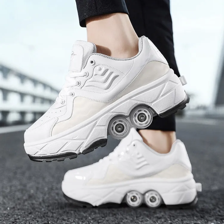 Deformable Four-wheel Retractable Double-row Dual-purpose Roller Skates, Size: 36(DF09 White)