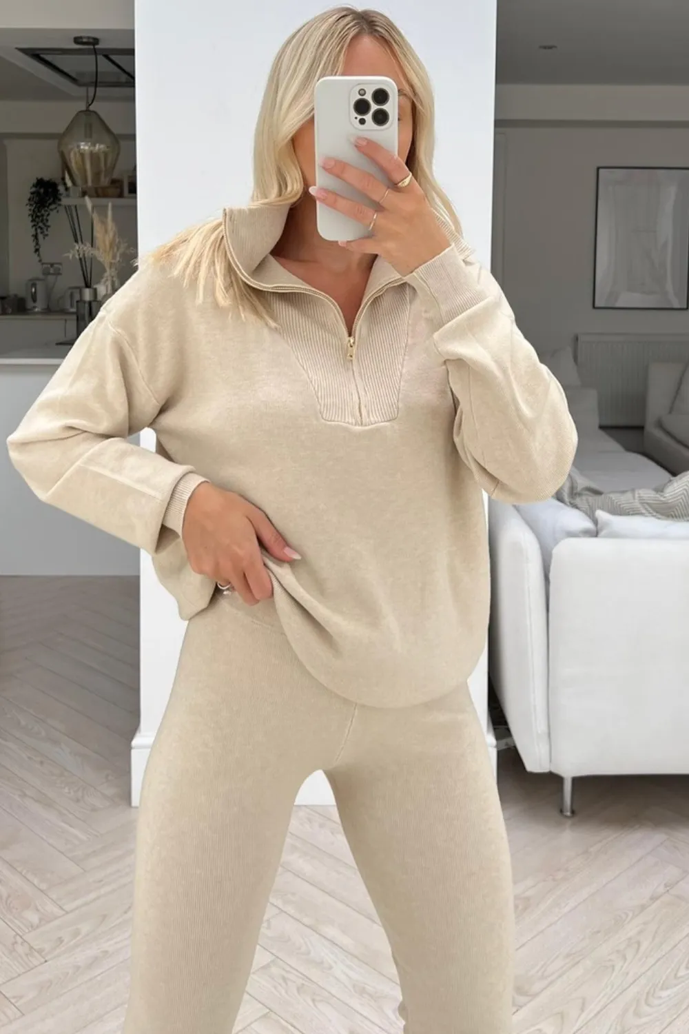 Delilah cream 1/4 zip knitted sweater loungewear set