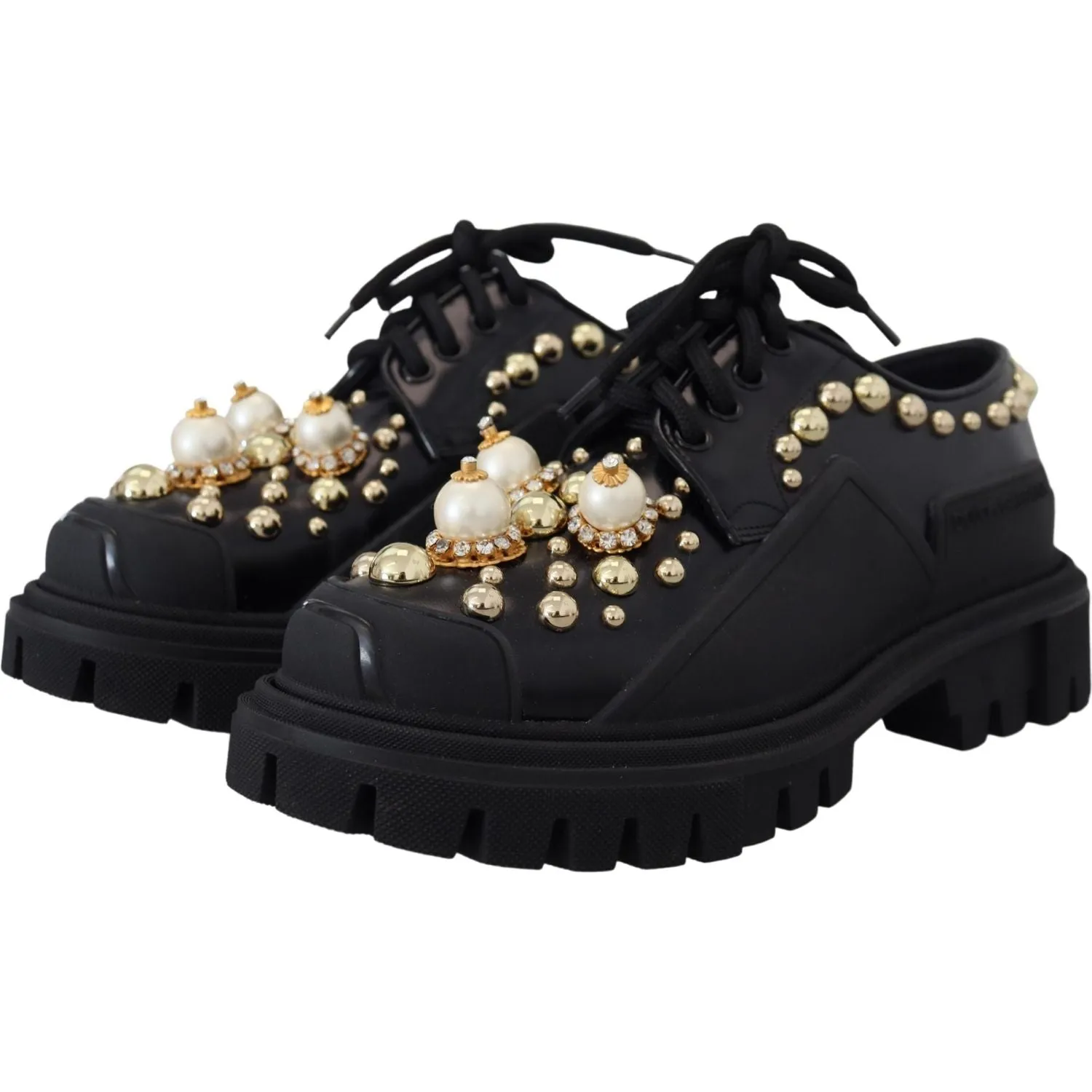 Dolce & Gabbana Timeless Black Leather Derby Flats with Glam Accents