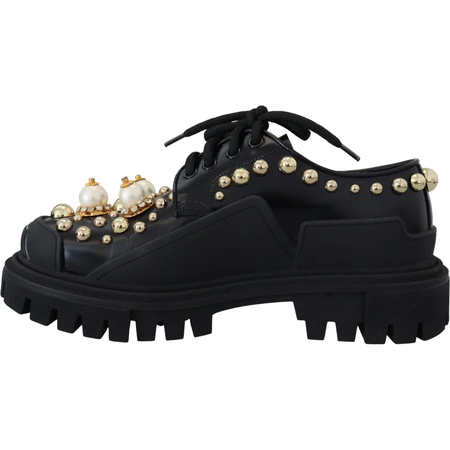 Dolce & Gabbana Timeless Black Leather Derby Flats with Glam Accents