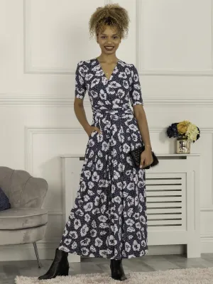 Evita Floral Print Maxi Jersey Dress, Navy White Floral