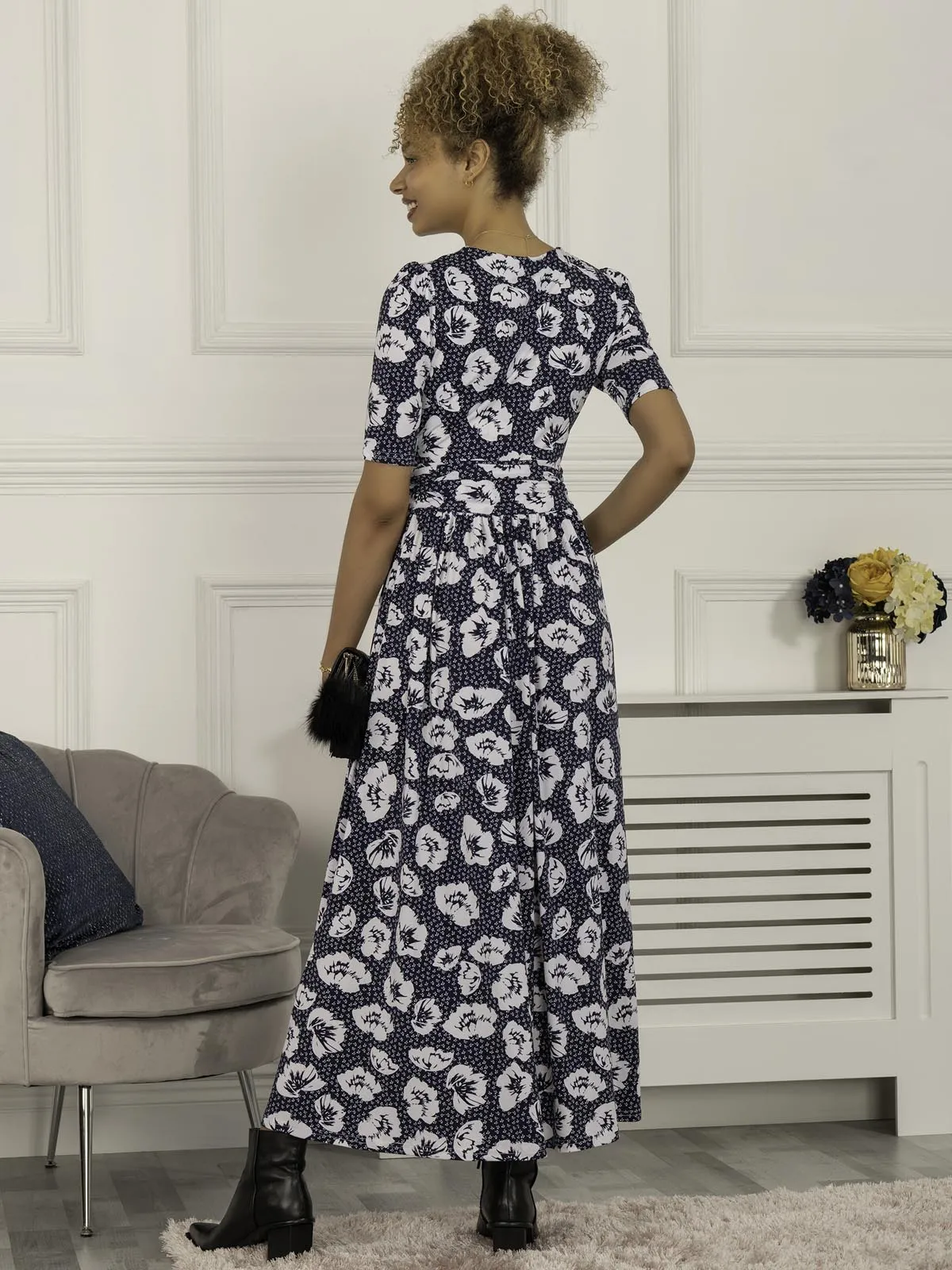 Evita Floral Print Maxi Jersey Dress, Navy White Floral