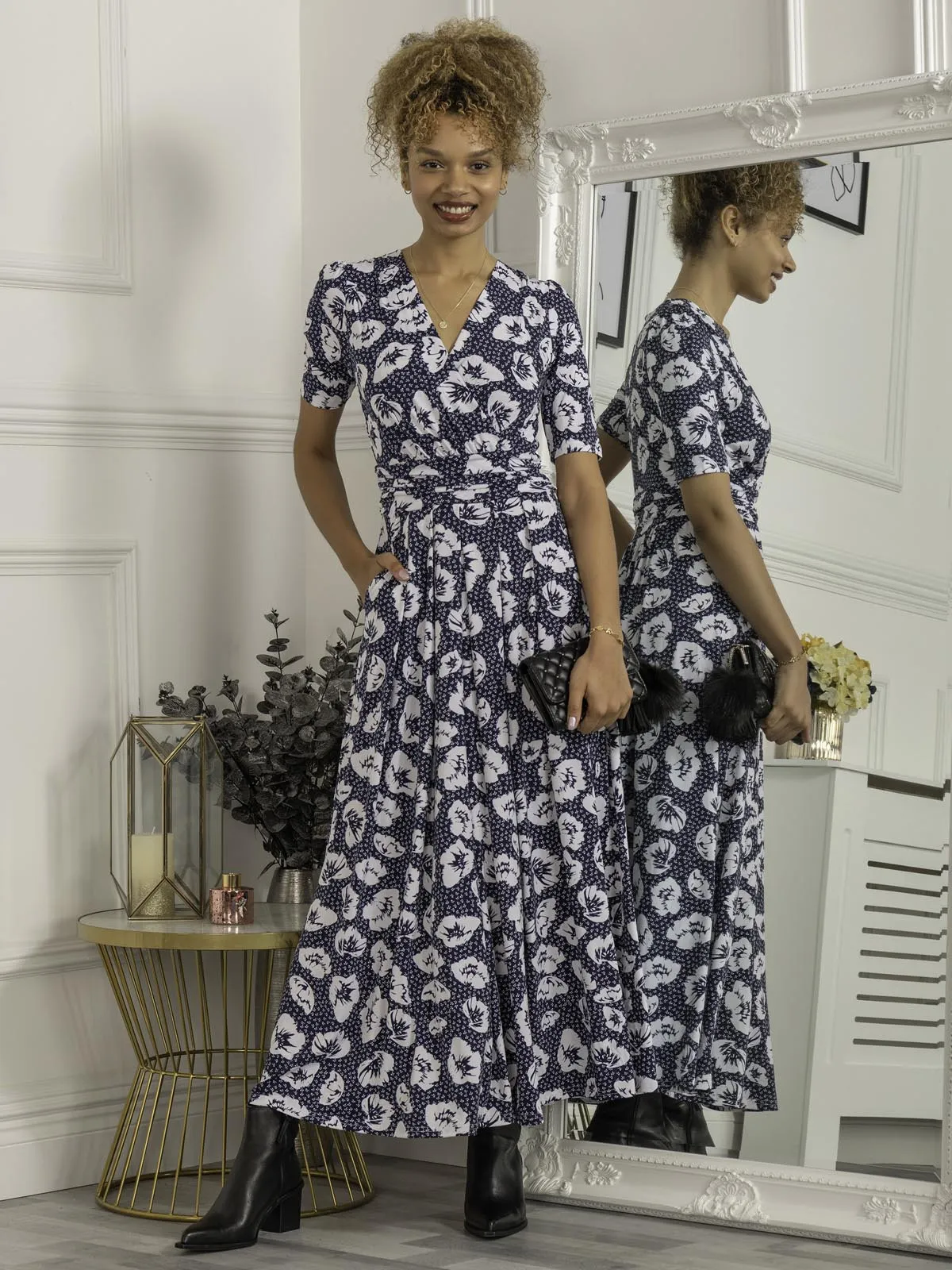 Evita Floral Print Maxi Jersey Dress, Navy White Floral