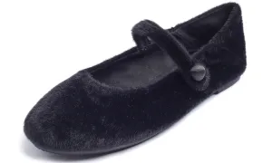 Feversole Women's Mary Jane Fashion Round Toe Easy Buckle Slip On Cozy Warm Flats Black Plush