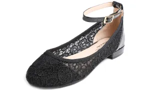 Feversole Women's Mary Jane Fashion Round Toe Easy Buckle Slip On Flats Black Lace Flat Heel Ankle Strap