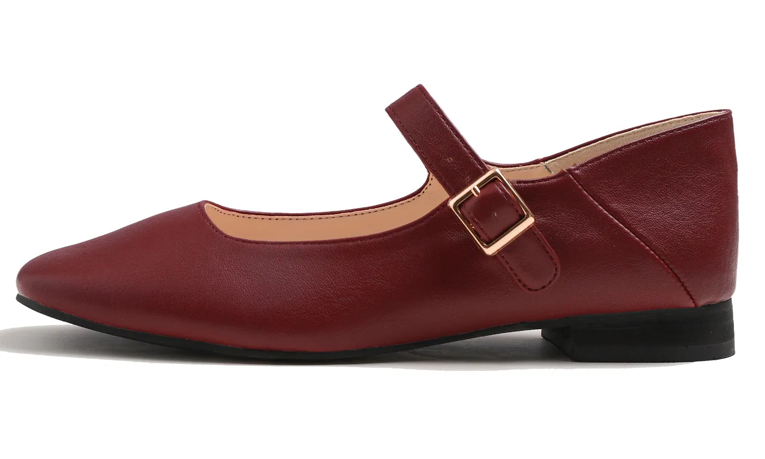 Feversole Women's Mary Jane Fashion Square Toe Easy Buckle Low Heel Slip On Flats Burgundy Red Vegan Leather